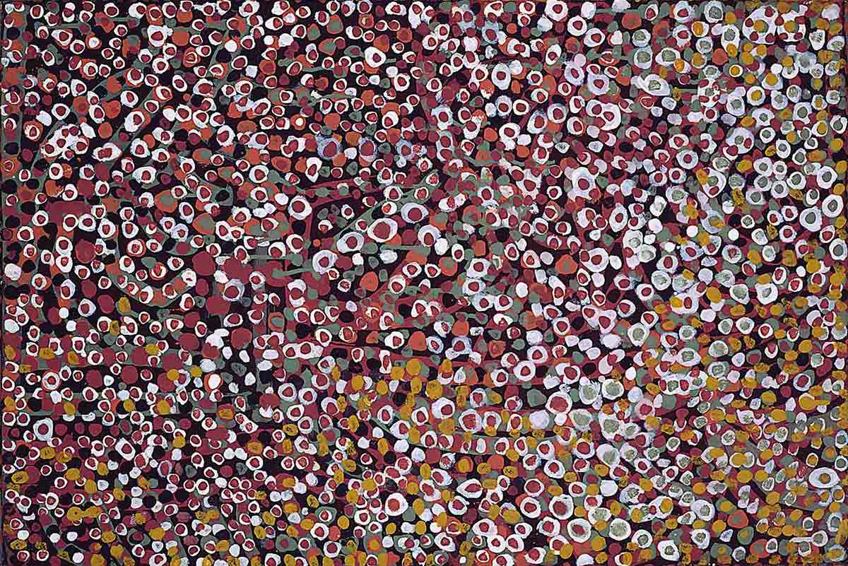 Dot painting in shades of pin, red, white and yellow.