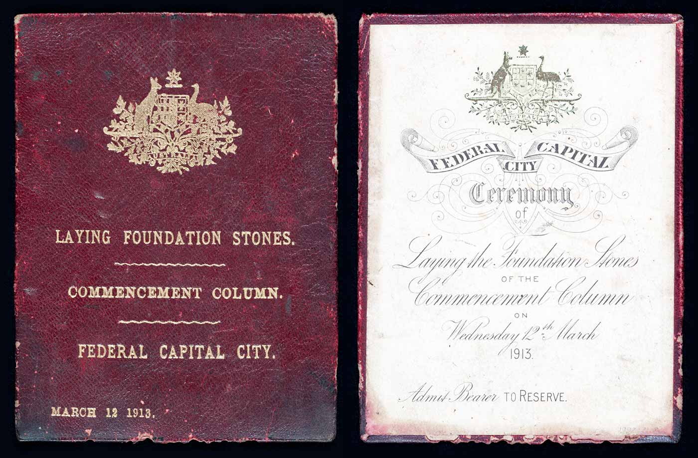 Official ticket and booklet for the Canberra's naming ceremony. The maroon-coloured cover, left, has the Australian coat of arms at top.