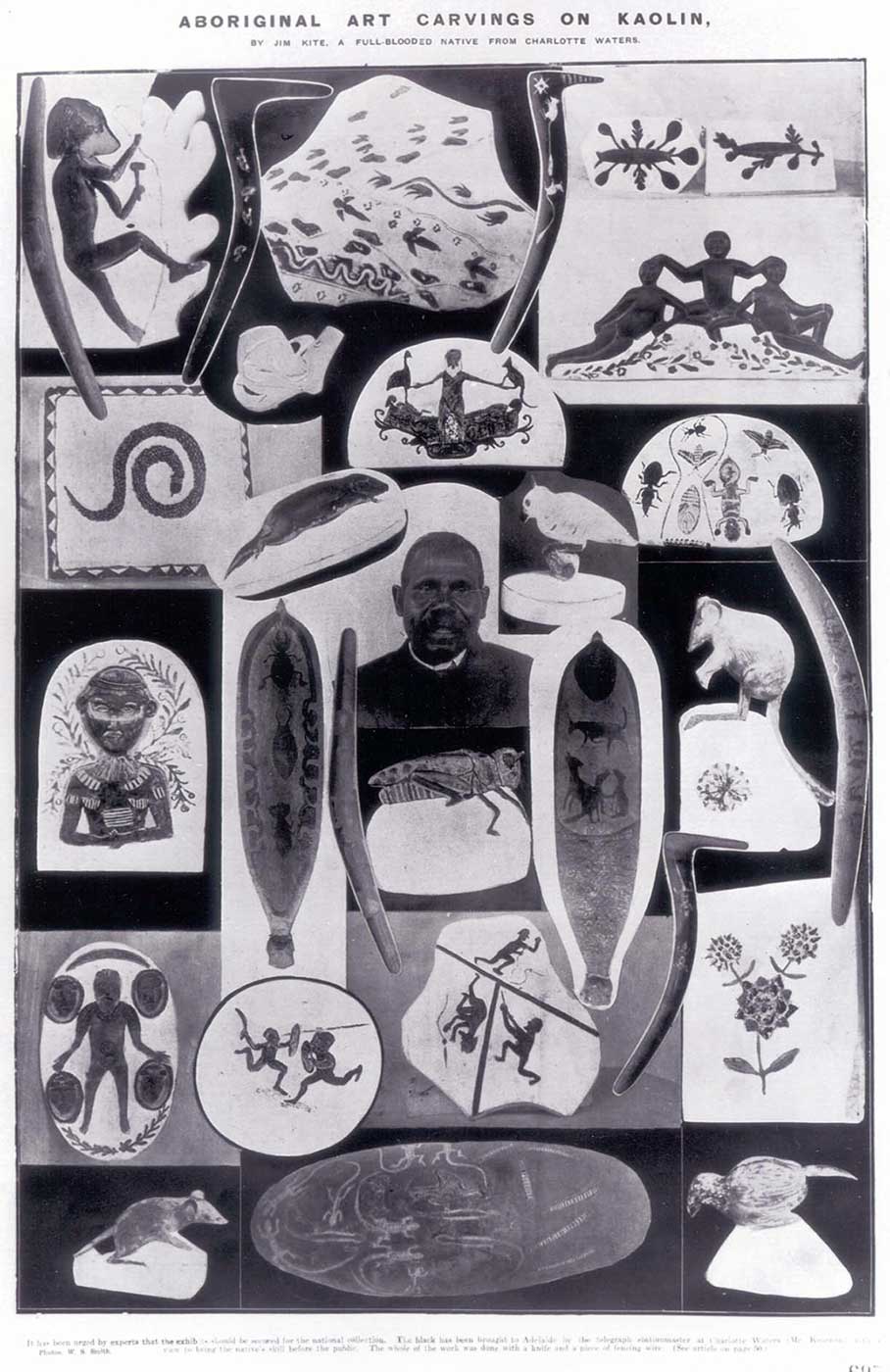A montage of images of various sculpted and carved objects on a black background. The sculptures include small animals, human figures and weapons.