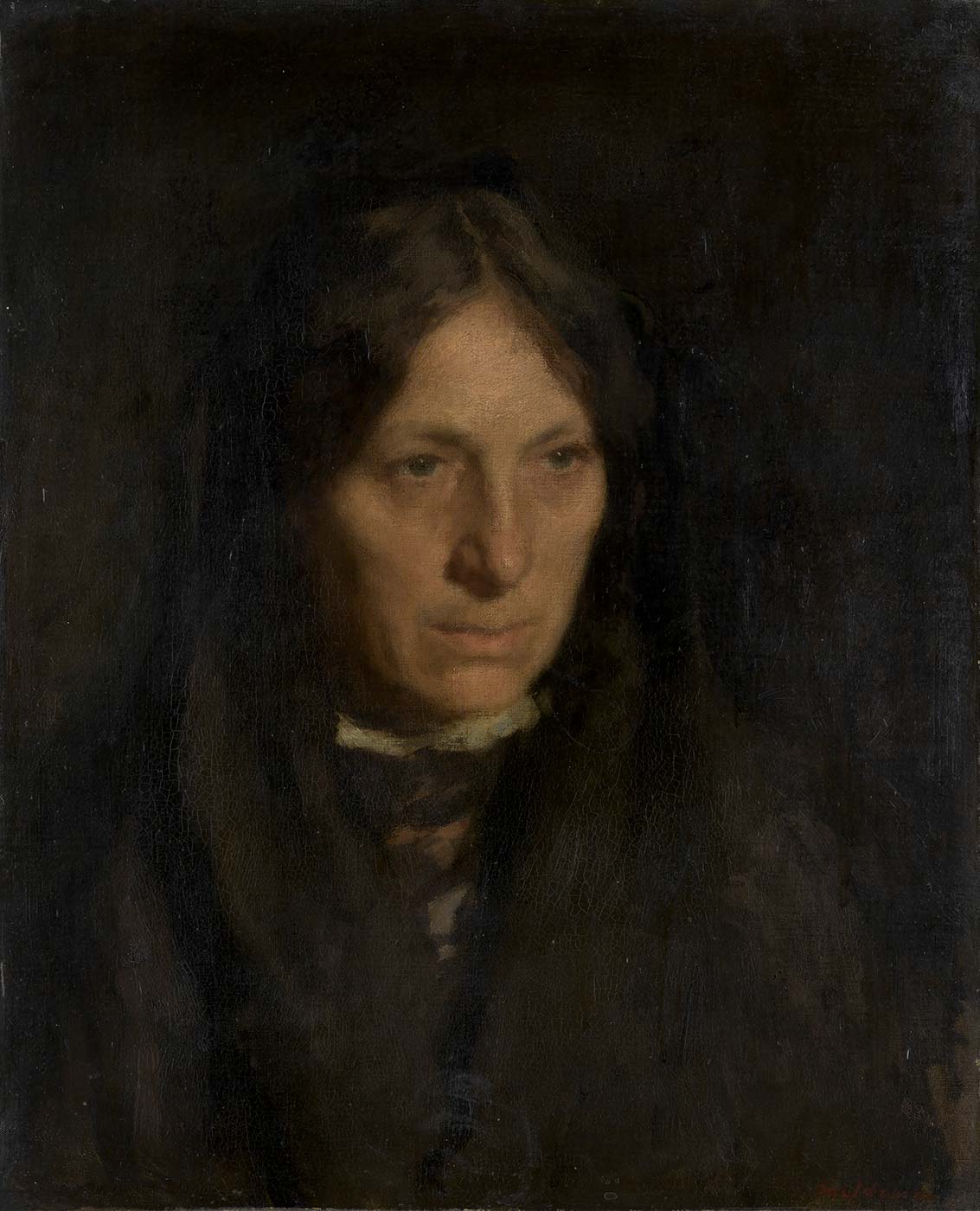 Oil painting of a woman with long, dark hair, parted at the centre.