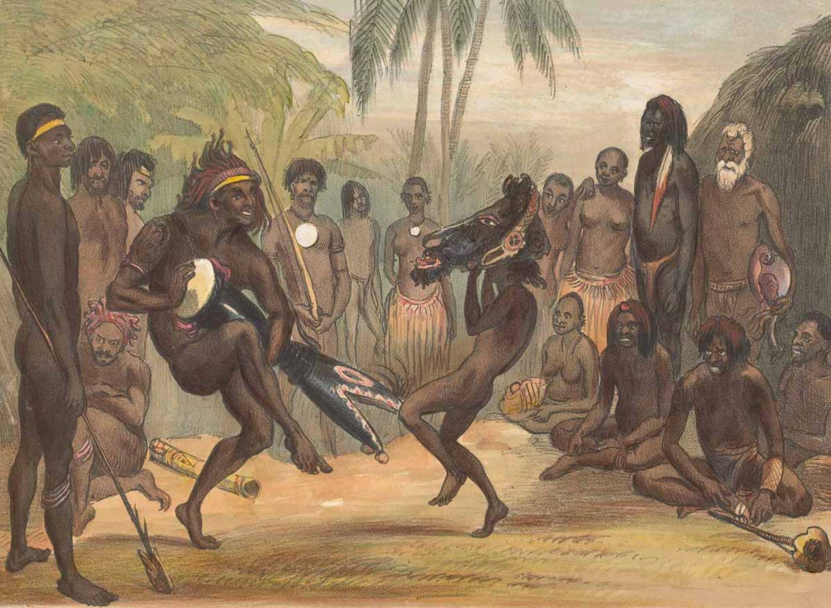 An illustration of two people dancing in front of a small crowd of seated and standing figures. One of the dancers is holding a large mask above his head, while the other is playing a drum.