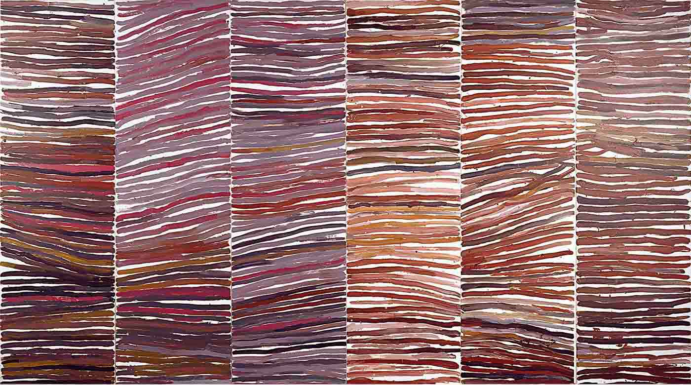 Painting of a series of columns of vertical stripes in shades of pink, purple and orange.