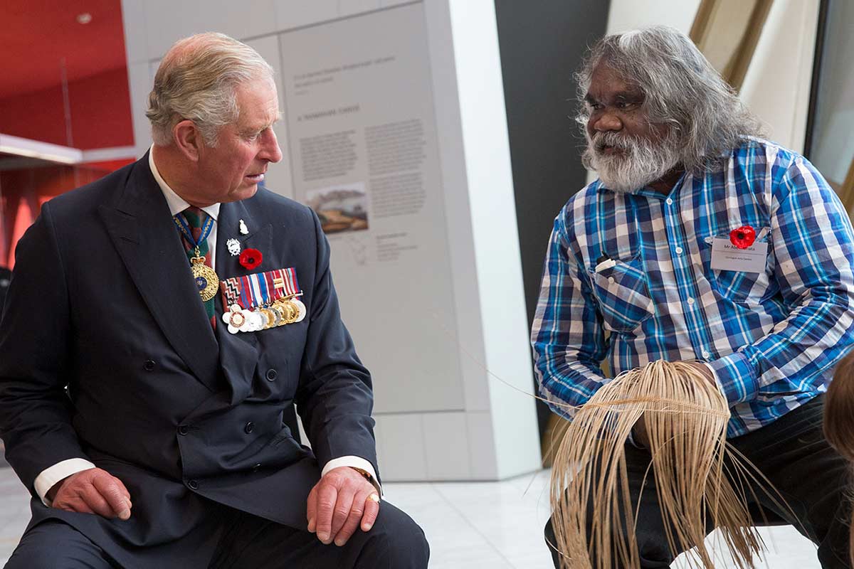 His Royal Highness, The Prince of Wales joins Girramay Traditional Owner and master basket maker Abe Muriata at the National Museum.