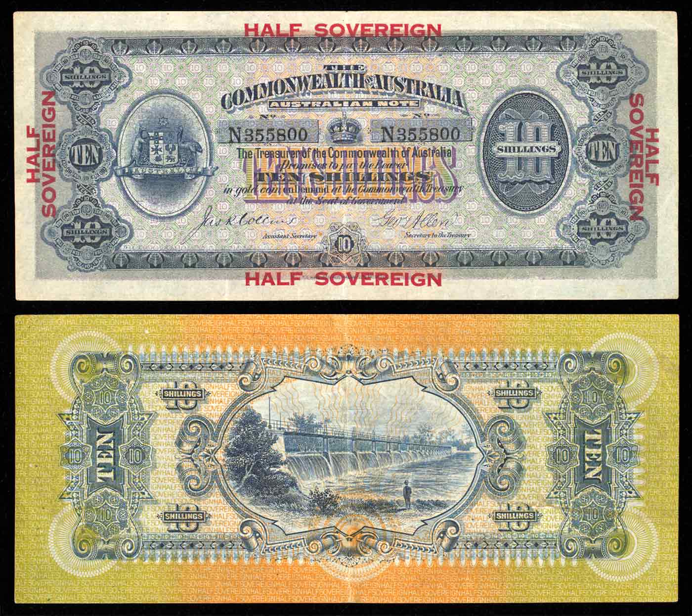 Front and back of a 10-shilling banknote. 'HALF SOVEREIGN' is printed in red on the front. An image of a man standing before a spillway is printed on the back.