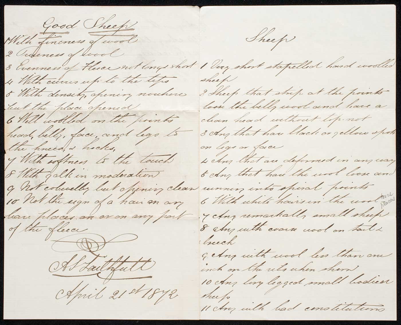 A sheet of paper containing handwriting in two columns listing the attributes of a good sheep.