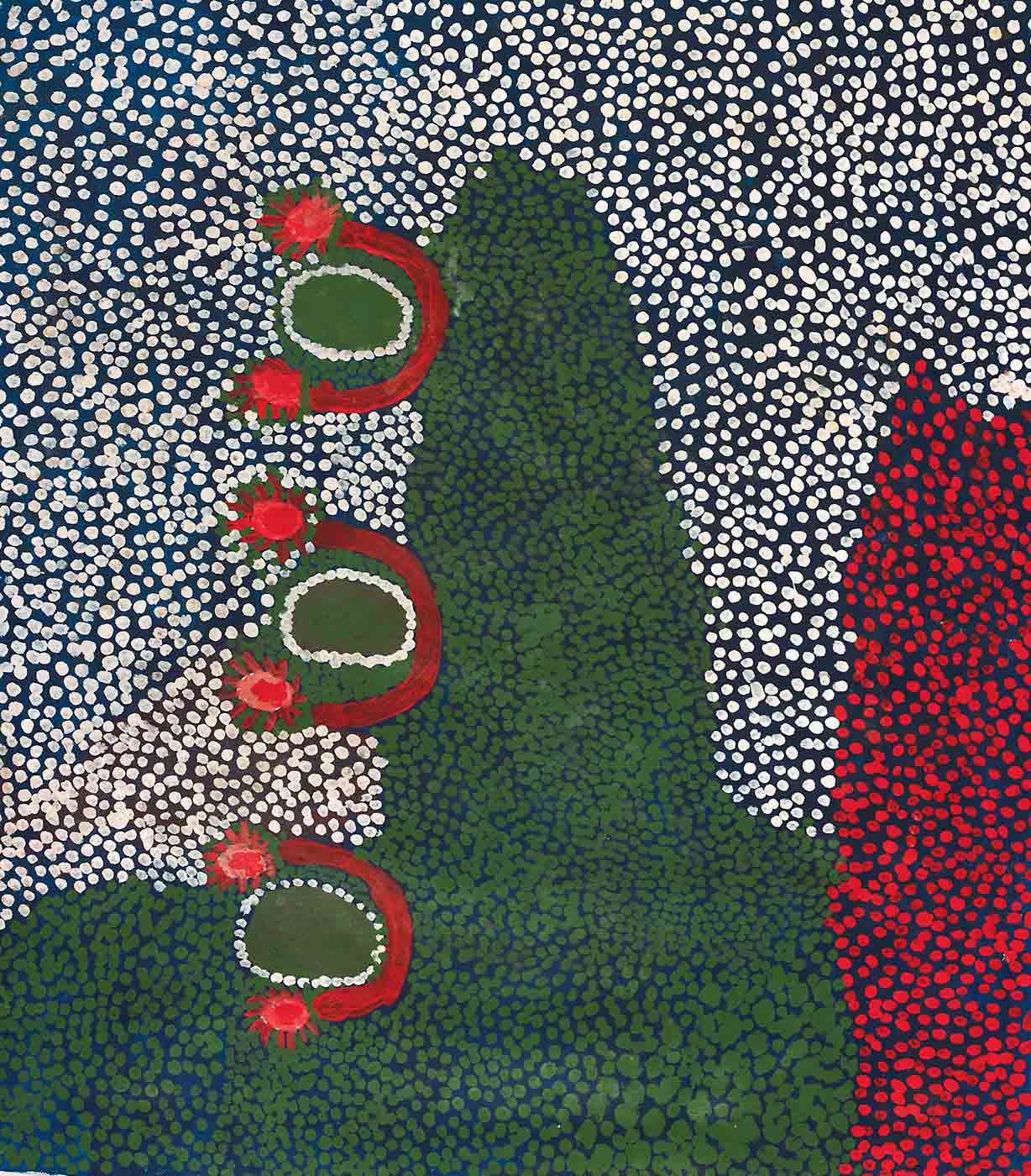 A dot painting made with acrylic paint on canvas. The painting has a dark blue background with three central oval shapes in green. Around each of these green oval shapes is an outline of white dots. Around that outline is a red semi circle with sun shapes at either end. Dots fill the rest of the painting. One side has white dots and the other side has a section of green dots and a smaller section of red dots in the corner. The different coloured dots meet in the centre creating a wavy line.