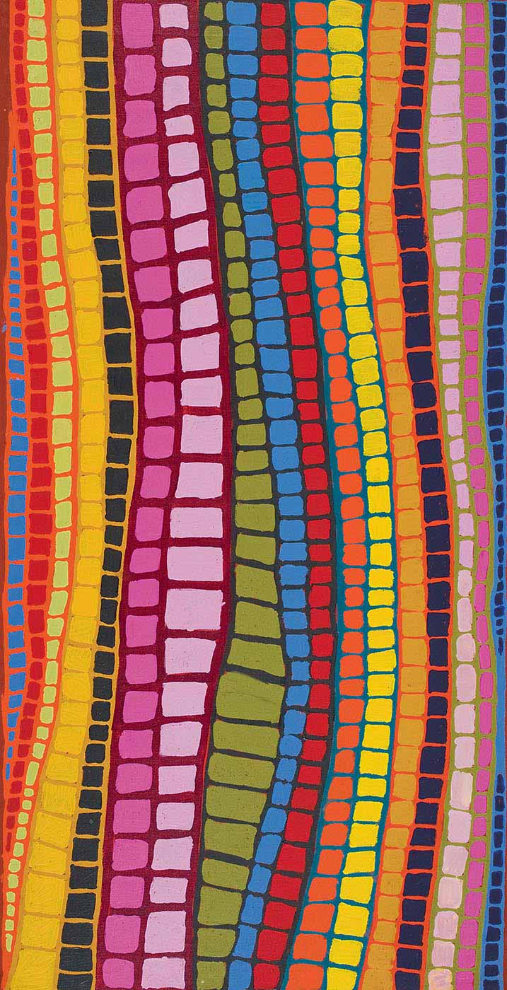 A painting on canvas of slightly wavy multicoloured vertical lines of squares in light and dark shades of orange, yellow, black, pink, green, blue, and red. These lines of squares overlay vertical lines of solid colour in orange, yellow, maroon, black, green, and blue.